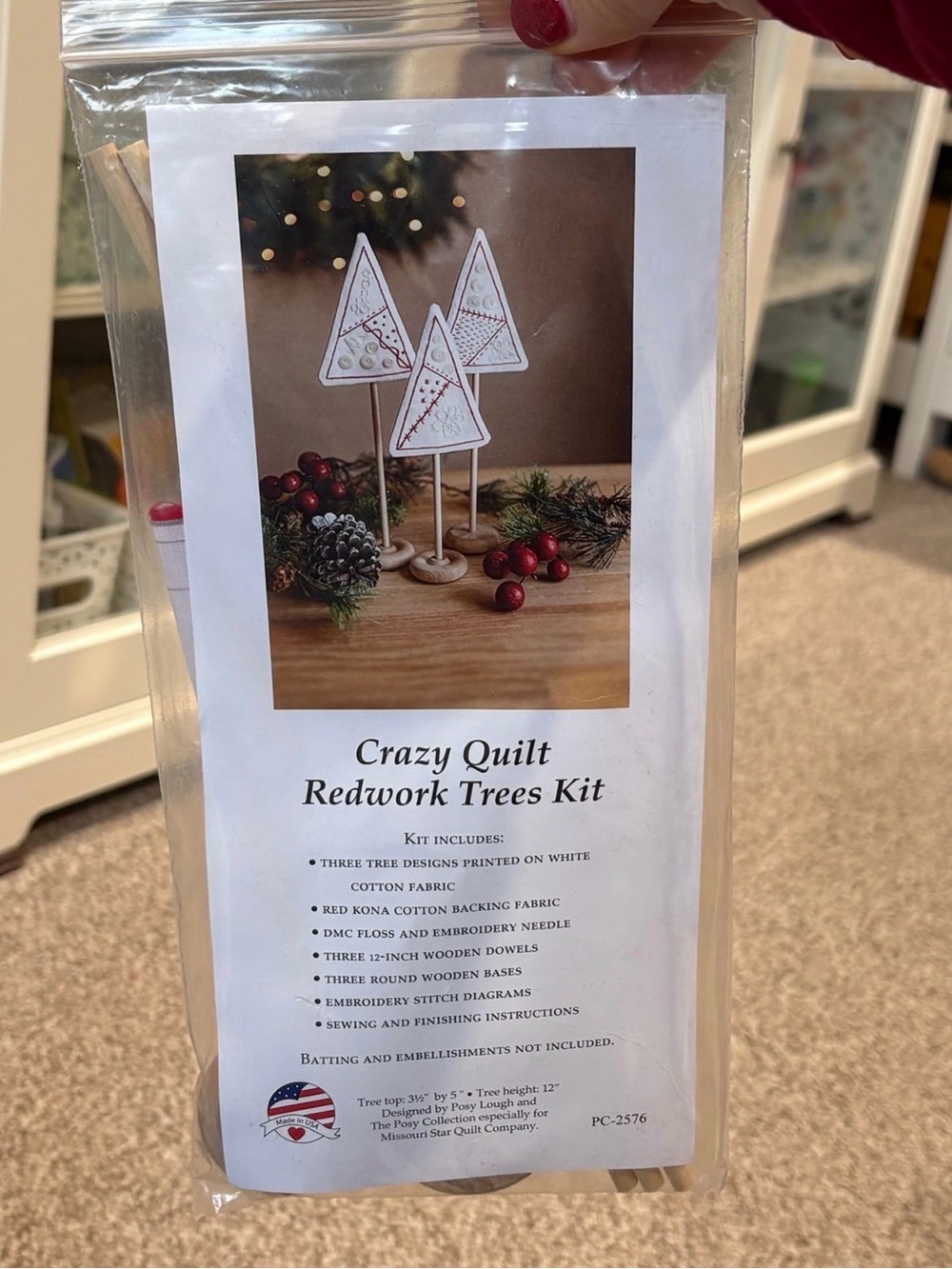 Crazy Quilt Redwork Trees Kit - White with Red Stitching